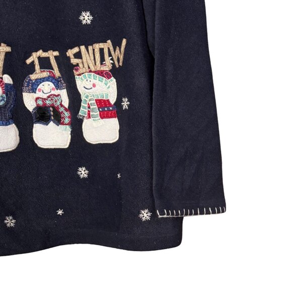 Vintage Fleece Christmas Pullover Sweater Navy Blue Let It Snow Sweatshirt - Picture 2 of 6